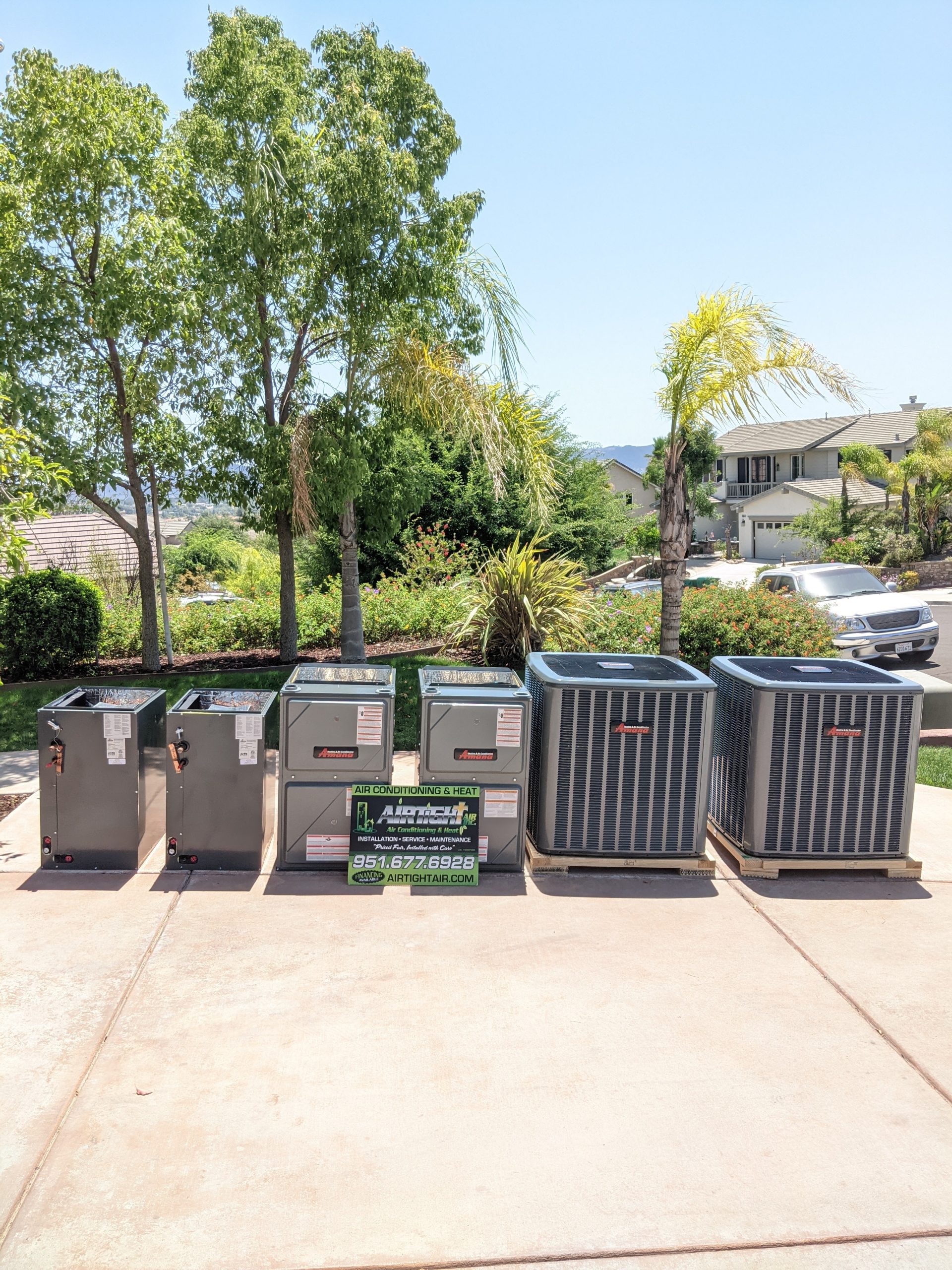Dual Amana HVAC installation featuring condenser unit, Ultra-Low NOx gas furnace, evaporator coil, and WiFi digital thermostat in Temecula, CA – serving 92590, 92591, 92592, and 92593