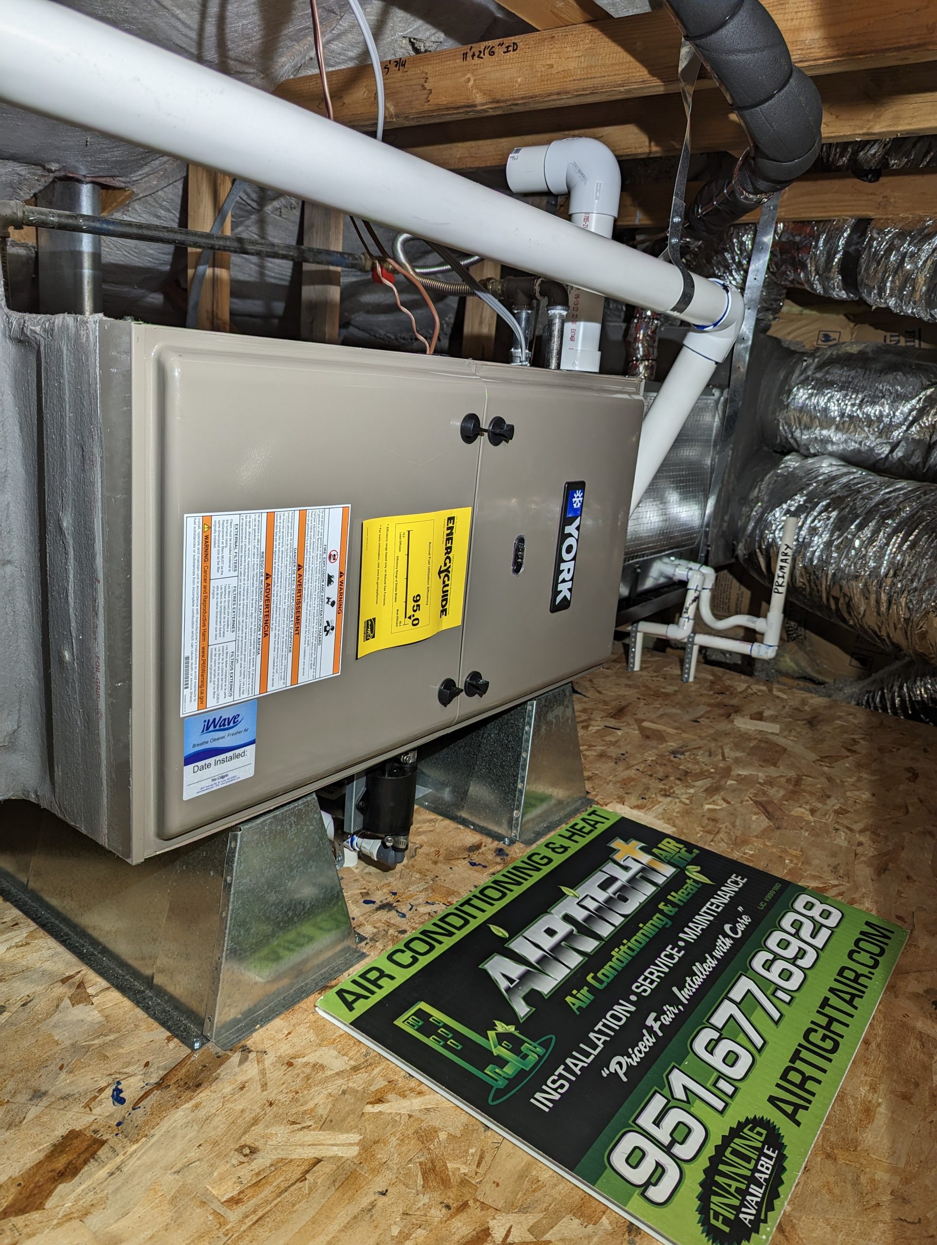York 90% high-efficiency furnace in a horizontal attic installation by AirTight Air in Murrieta, CA