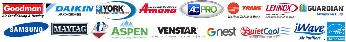 HVAC installation and replacement equipment brands offered by AirTight Air, Inc., including York, Goodman, Daikin, AC Pro, Trane, Lennox, and Samsung for air conditioning and heating systems near me.