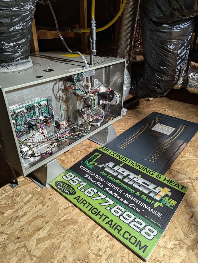 A York-branded high-efficiency AC unit installed in an attic space