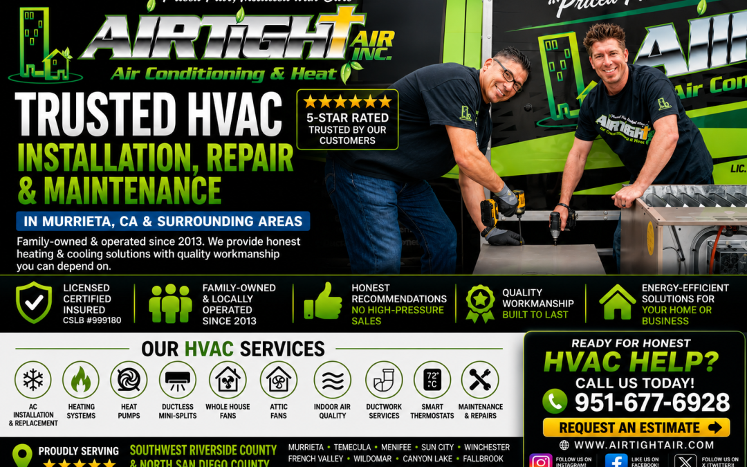 Trusted HVAC installation, repair and maintenance technicians from AirTight Air, Inc. providing residential and light commercial heating and air conditioning services in Murrieta, Temecula, Menifee and surrounding Southwest Riverside County and North San Diego County.